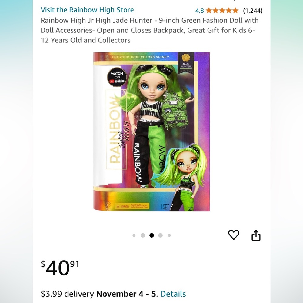 NWT Rainbow Doll Green Fashion Rare doll